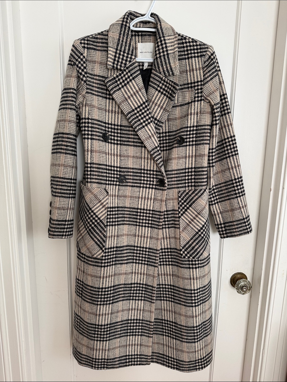 Avec Les Filles•Plaid Double-Breasted Trench Coat in Black & Cream•Size S